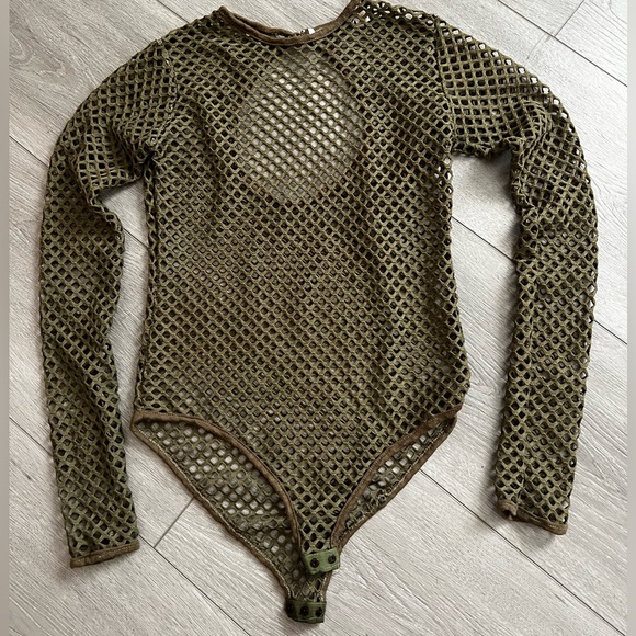 Women’s Olive/Army Green Long-sleeve Net Bodysuit - Picture 1 of 2